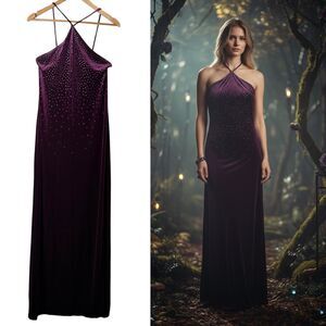 VTG 90s Y2K Purple Velvet Rhinestone Halter Dress Maxi Gown Whimsigoth 13/14